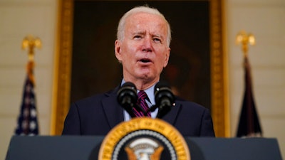 President Joe Biden speaks in the State Dinning Room of the White House, Feb. 5, 2021.