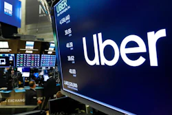Uber logo above a trading post at the New York Stock Exchange, May 30, 2019.