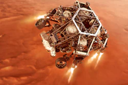In this illustration provided by NASA, the Perseverance rover fires up its descent stage engines as it nears the Martian surface.