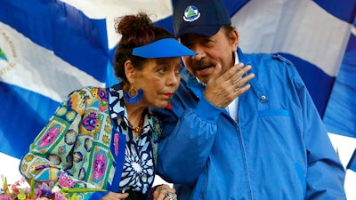 Nicaragua's President Daniel Ortega and his wife and Vice President Rosario Murillo lead a rally in Managua, Sept. 5, 2018.