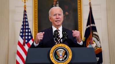 President Joe Biden speaks on U.S. supply chains in the State Dining Room of the White House on Wednesday, Feb. 24 in Washington.