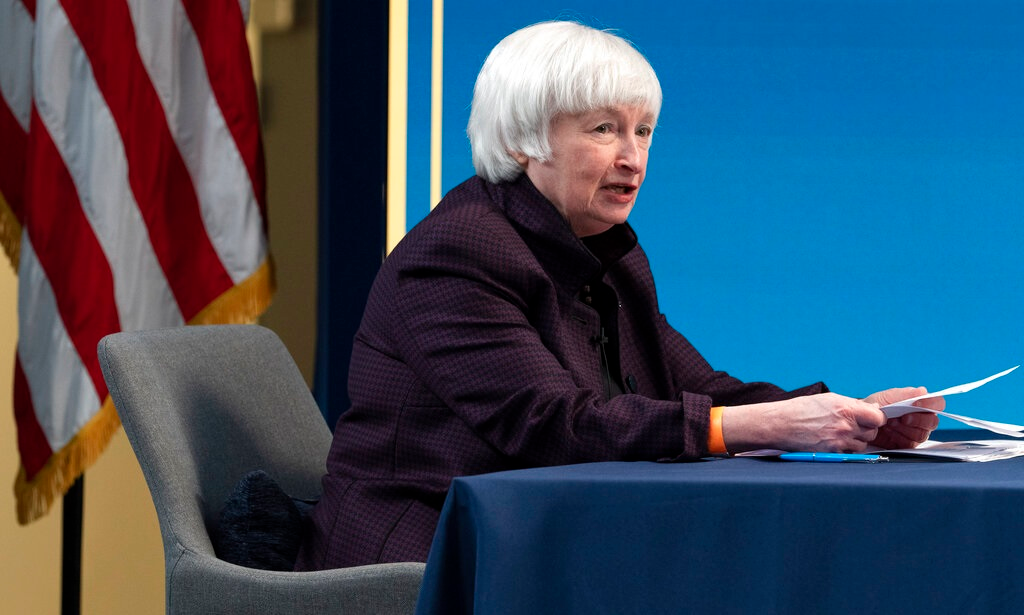 Treasury Secretary Janet Yellen speaks during a virtual roundtable with participants from Black Chambers of Commerce across the country to discuss the American Rescue Plan, Friday, Feb. 5, 2021, from the South Court Auditorium on the White House complex in Washington.