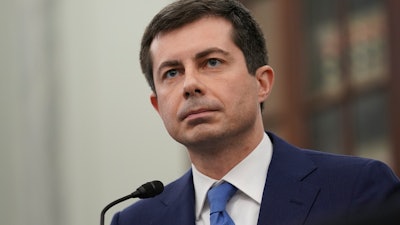 In this file photo, Transportation Secretary nominee Pete Buttigieg speaks during a Senate Commerce, Science and Transportation Committee confirmation hearing on Capitol Hill in Washington.