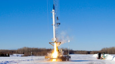 This image provided by bluShift Aerospace shows an unmanned rocket lifting off in a test run in Limestone, Maine. It was the first commercial rocket launch in Maine history.