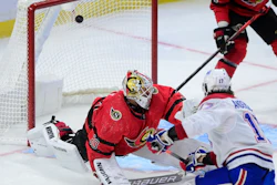 Montreal Canadiens right wing Josh Anderson (17) blasts the puck past Ottawa Senators goaltender Matt Murray (30) during the third period of an NHL hockey game in Ottawa on Saturday, Feb. 6, 2021.