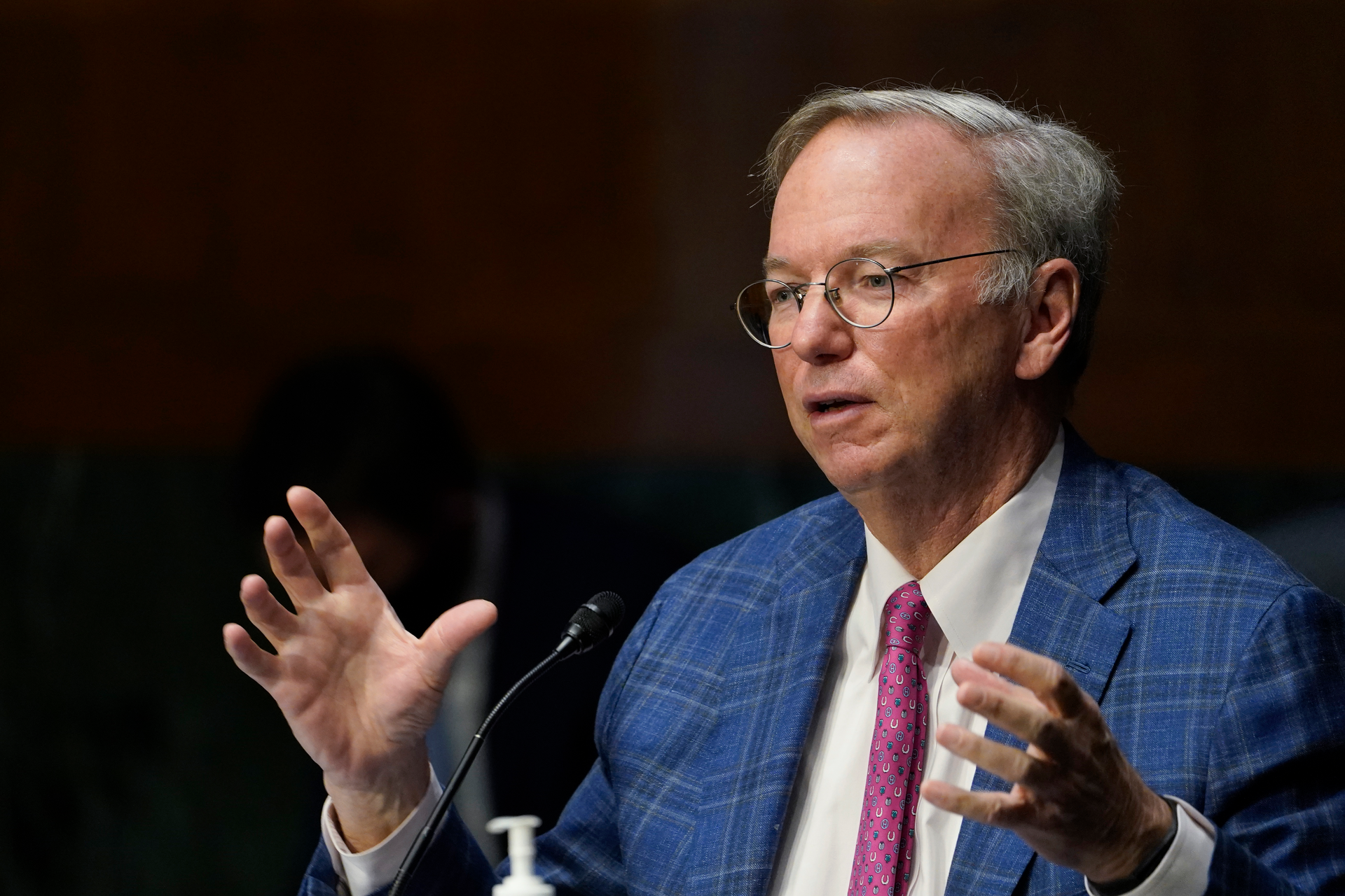 Dr. Eric E. Schmidt, co-founder of Schmidt Futures, speaks on Capitol Hill in Washington, Tuesday, Feb. 23, 2021, during a hearing on emerging technologies and their impact on national security.