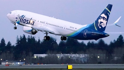 The first Alaska Airlines passenger flight on a Boeing 737-9 Max airplane takes off on March 1 on a flight to San Diego from Seattle-Tacoma International Airport in Seattle.