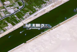This satellite image from Cnes2021, Distribution Airbus DS, shows the cargo ship MV Ever Given stuck in the Suez Canal near Suez, Egypt on March 25.