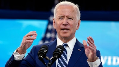 President Joe Biden speaks during an event on COVID-19 vaccinations, in the South Court Auditorium on the White House campus, Monday, March 29, 2021, in Washington.