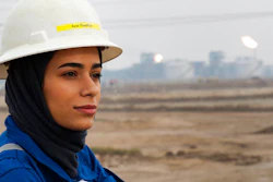 Ayat Rawthan, a petrochemical engineer, poses for a photo near an oil field outside Basra, Iraq, Tuesday, Feb. 5, 2021. Rawthan is among just a handful of women who have eschewed the dreary office jobs typically handed to female petrochemical engineers in Iraq. Instead, they chose to become trailblazers in the country’s oil industry, taking up the grueling work of drilling.