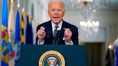 President Joe Biden speaks about the COVID-19 pandemic during a prime-time address from the East Room of the White House, Thursday, March 11, 2021, in Washington.