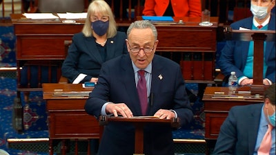In this image from video, Senate Majority Leader Chuck Schumer of N.Y., speaks before the final vote on the Senate version of the COVID-19 relief bill in the Senate at the U.S. Capitol in Washington, Saturday, March 6, 2021. The $1.9 trillion federal pandemic relief package is expected to make its way through the House and hit President Joe Biden’s desk soon. It includes plans for direct payments to most Americans, aid to small businesses, financial help for schools and much more to help the country recover from the financial ravages of the pandemic.