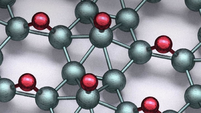 Structure of borophane sheet containing hydrogen (red) and boron (teal).