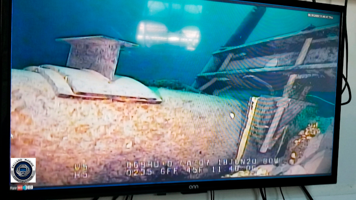 This June 2020, file photo shows damage to anchor support EP-17-1 on the east leg of the Enbridge Line 5 pipeline within the Straits of Mackinac, Michigan.