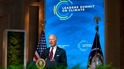President Joe Biden speaks to the virtual Leaders Summit on Climate, from the East Room of the White House, Thursday, April 22, 2021, in Washington.