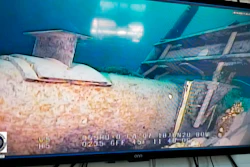This June 2020, file photo shows damage to anchor support EP-17-1 on the east leg of the Enbridge Line 5 pipeline within the Straits of Mackinac, Michigan.