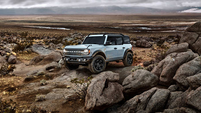 This photo provided by Ford Motor Company shows the 2022 Ford Bronco. The Bronco is an example of an off-road ready SUV with standard four-wheel-drive and rugged body-on-frame construction