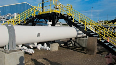 This file photo shows an aboveground section of Enbridge's Line 5 at the Mackinaw City, Mich., pump station.