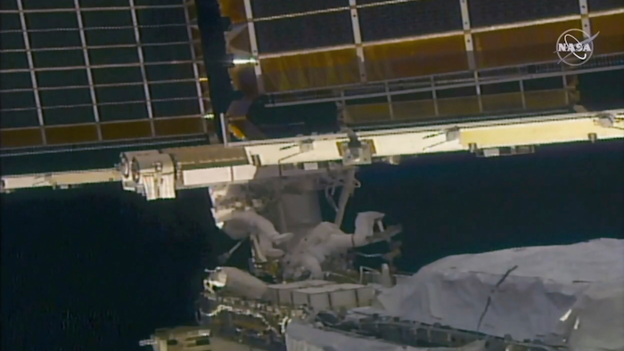 NASA astronaut Shane Kimbrough, left, and French astronaut Thomas Pesquet work on the solar array outside the International Space Station, June 20 2021.