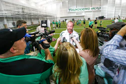 Chris Cline speaks with media as Marshall University dedicates the Chris Cline Athletic Complex, Huntington, W.Va., Sept. 6, 2014.