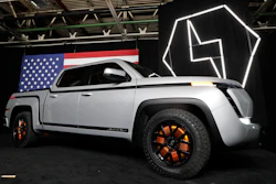 In this June 25, 2020 file photo, the electric Endurance pick-up truck at Lordstown Motors Corporation is shown, in Lordstown, Ohio. Lordstown Motors CEO Steve Burns and Chief Financial Officer Julio Rodriguez have resigned from the startup commercial electric vehicle maker.