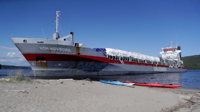 The Koningsborg run aground in the Angerman River in Sando, Sweden, June 24, 2021.