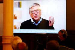 TerraPower Founder and Chairman Bill Gates speaks to the crowd in a recorded video message during the press conference Wyoming Capitol, Wednesday, June 2, 2021, in Cheyenne, Wyo., announcing efforts to advance a Natrium reactor demonstration project. 'We think Natrium will be a game-changer for the energy industry,' Gates said by video link to a news conference hosted by Gov. Mark Gordon. 'Wyoming has been a leader in energy for over the century and we hope our investment in Natrium will help Wyoming to stay in the lead for many decades to come.'