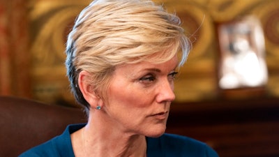 Energy Secretary Jennifer Granholm attends the inaugural meeting of the Task Force on Worker Organizing and Empowerment, in Harris' ceremonial office, Thursday, May 13, 2021, on the White House complex in Washington.