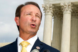 In this Sept. 9, 2019, file photo, Louisiana Attorney General Jeff Landry speaks in front of the U.S. Supreme Court in Washington. The Biden administration’s suspension of new oil and gas leases on federal land and water was blocked Tuesday, June 15, 2021, by a federal judge in Louisiana. U.S. District Judge Terry Doughty's ruling came in a lawsuit filed in March by Louisiana’s Republican attorney general, Jeff Landry and officials in 12 other states. Doughty's ruling granting a preliminary injunction to those states said his order applies nationwide.