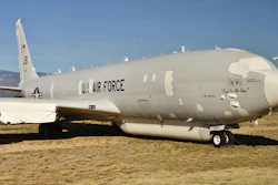 An E-8 JSTARS surveillance plane in long-term storage at the Air Force 'Boneyard' at Davis-Monthan AFB, Tucson, Ariz., Jan. 2019.