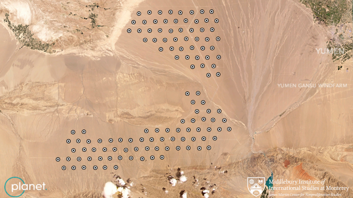 Satellite image annotated to show what analysts believe is a field of intercontinental ballistic missile silos near Yumen, China, June 4, 2021.