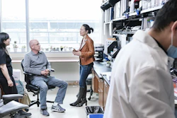 A team of scientists from Gladstone, UC San Francisco and Emory University have uncovered features of T cells that distinguish fatal from non-fatal cases of severe COVID-19. Shown here from left to right are scientist Xiaoyu Luo, research scientist Jason Neidleman, Associate Investigator Nadia Roan, and research associate Matthew McGregor.