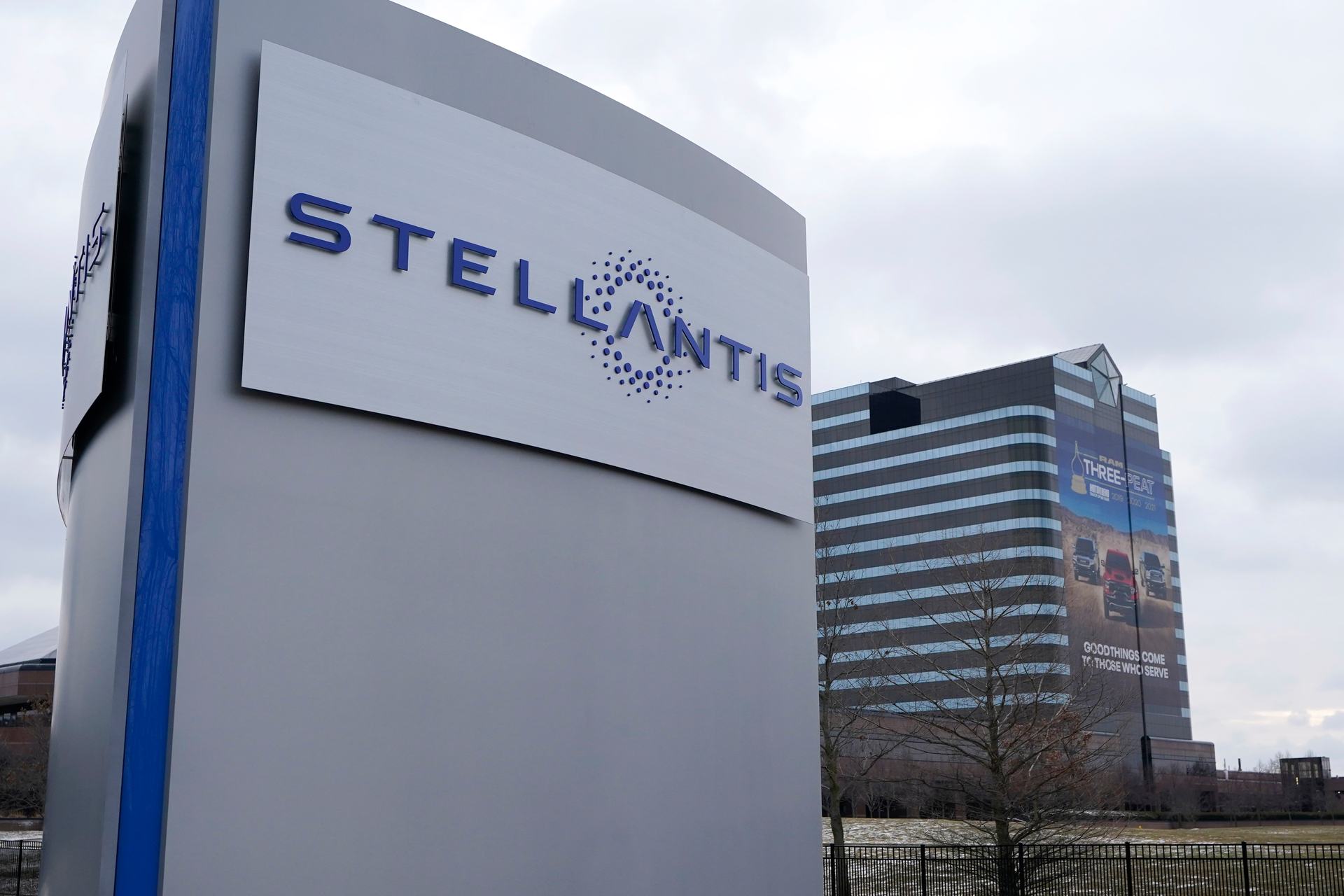 Stellantis sign outside the Chrysler Technology Center in Auburn Hills, Mich., Jan. 19, 2021.