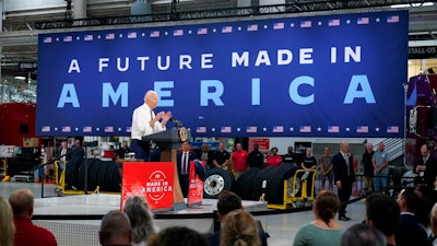 President Joe Biden speaks during a visit to the Lehigh Valley operations facility for Mack Trucks in Macungie, PA on Wednesday, July 28.