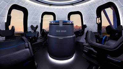 This undated photo made available by Blue Origin shows the interior of the crew capsule. When Blue Origin launches people into space for the first time, Bezos will be on board. No test pilots or flight engineers for the Tuesday, July 20, 2021 debut flight from West Texas - just Bezos, his brother, an 82-year-old aviation pioneer and a teenager.