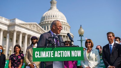 Senate Majority Leader Chuck Schumer, D-N.Y., addresses the urgent need to counter climate change in the US with transformational investments in clean jobs, during an event at the Capitol in Washington, Wednesday, July 28, 2021.
