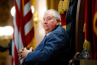 In this Wednesday, Oct. 30, 2019, file photo, Republican Ohio state Rep. Larry Householder sits at the head of a legislative session as Speaker of the House, in Columbus. Householder is charged in a $60 million bribery case, alleging he helped a $1 billion nuclear plant bailout. The 2020 arrests of Householder and four associates in connection with the scheme have rocked politics and business across Ohio.