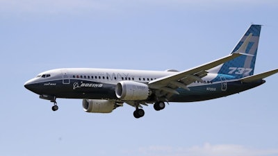 Boeing 737 Max jet landing at Boeing Field following a test flight in Seattle, June 29, 2020.