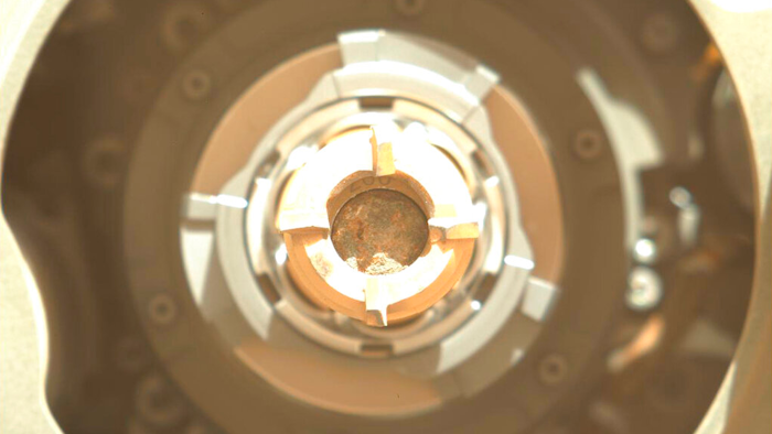 The first rock sample obtained by the Mars Perseverance rover, Sept. 1, 2021.