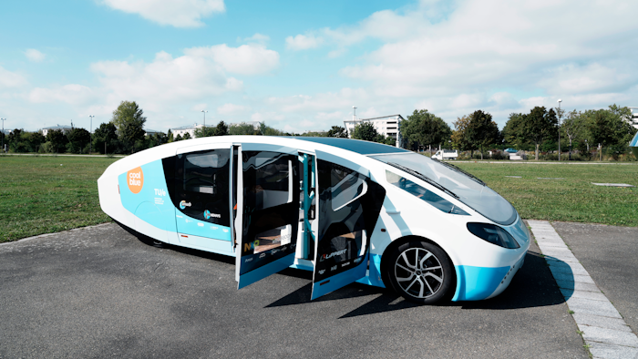 Stella Vita solar-powered vehicle on a closed road in Guyancourt, France, Sept. 24, 2021.