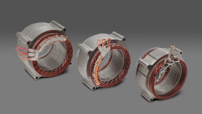 The motors that will power GM’s Ultium-based EVs were built as a scalable family, sharing design principles as well as similar tooling and manufacturing strategies. Pictured are the stators of all three motors.