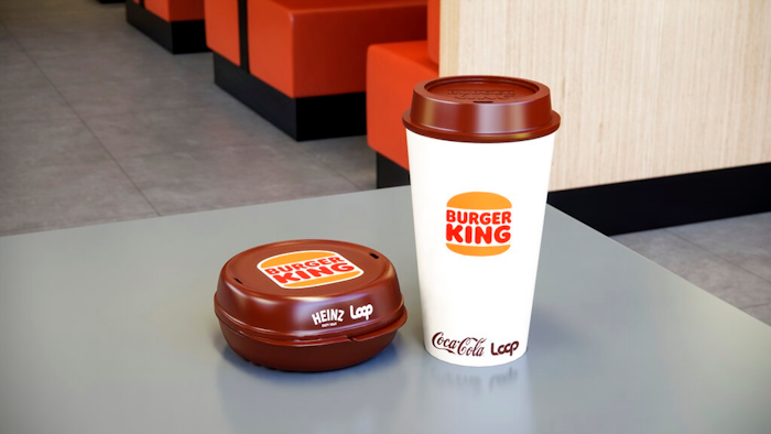 This photos provided by North America Public Relations shows a reusable packaging at a Burger King restaurant. Reusable packaging is about to become more common at groceries and restaurants worldwide. Loop, which collects and sanitizes reusable containers, said Wednesday, Sept. 22, 2021 it’s expanding after successful trials in France and Japan. Kroger and Walgreens in the U.S., and Tesco in the United Kingdom are among the groceries partnering with Loop. McDonald’s, Burger King and Tim Hortons have also signed on.