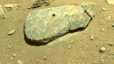 The hole drilled by the Perseverance rover during its second sample-collection attempt in Mars' Jezero Crater, Sept. 1, 2021.