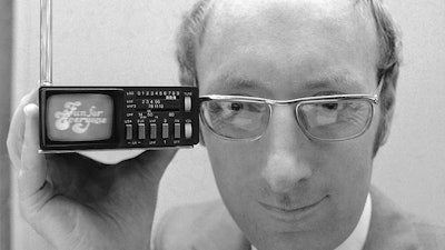 Sinclair Radionics founder Clive Sinclair displays the Microvision television in New York, Sept. 18, 1977.