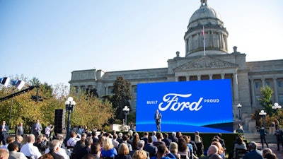 Executive Chairman of Ford William Clay Ford Jr. speaks during a news conference in front of the capital in Frankfort, Ky., Tuesday, Sept. 28, 2021, to announce that Ford is going to build a battery manufacturing plant in Hardin County.