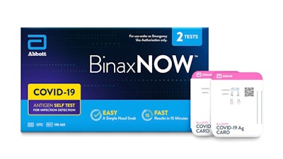 This image provided by Abbot in September 2021 shows packaging for their BinaxNOW self test for COVID-19. President Joe Biden is betting on millions more rapid, at-home tests to help curb the latest deadly wave of the COVID-19 pandemic, which is overloading hospitals and threatening to shutter classrooms around the country. But the tests have already disappeared from pharmacy shelves in many parts of the U.S., and manufacturers warn it will take them weeks to ramp up production, which was slashed after demand for the tests plummeted over the summer of 2021.