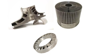 3D metal printed parts manufactured on a VELO3D Sapphire system. Contract manufacturers experienced in full production methods are using VELO3D printers to manufacture complex, high-value parts like these shown above. Left to right: Zero-degree impeller, radial heat exchanger, and stator ring (below).