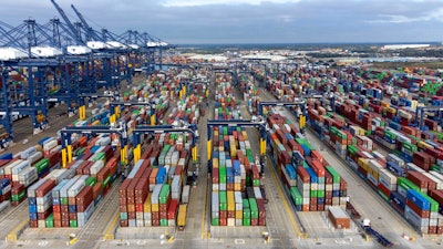 Thousands of shipping containers at the Port of Felixstowe, south east England on Oct. 13.