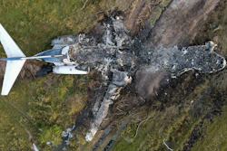 The remnants of an aircraft which caught fire soon after a failed take-off attempt, Brookshire, Texas, Oct. 19, 2021.