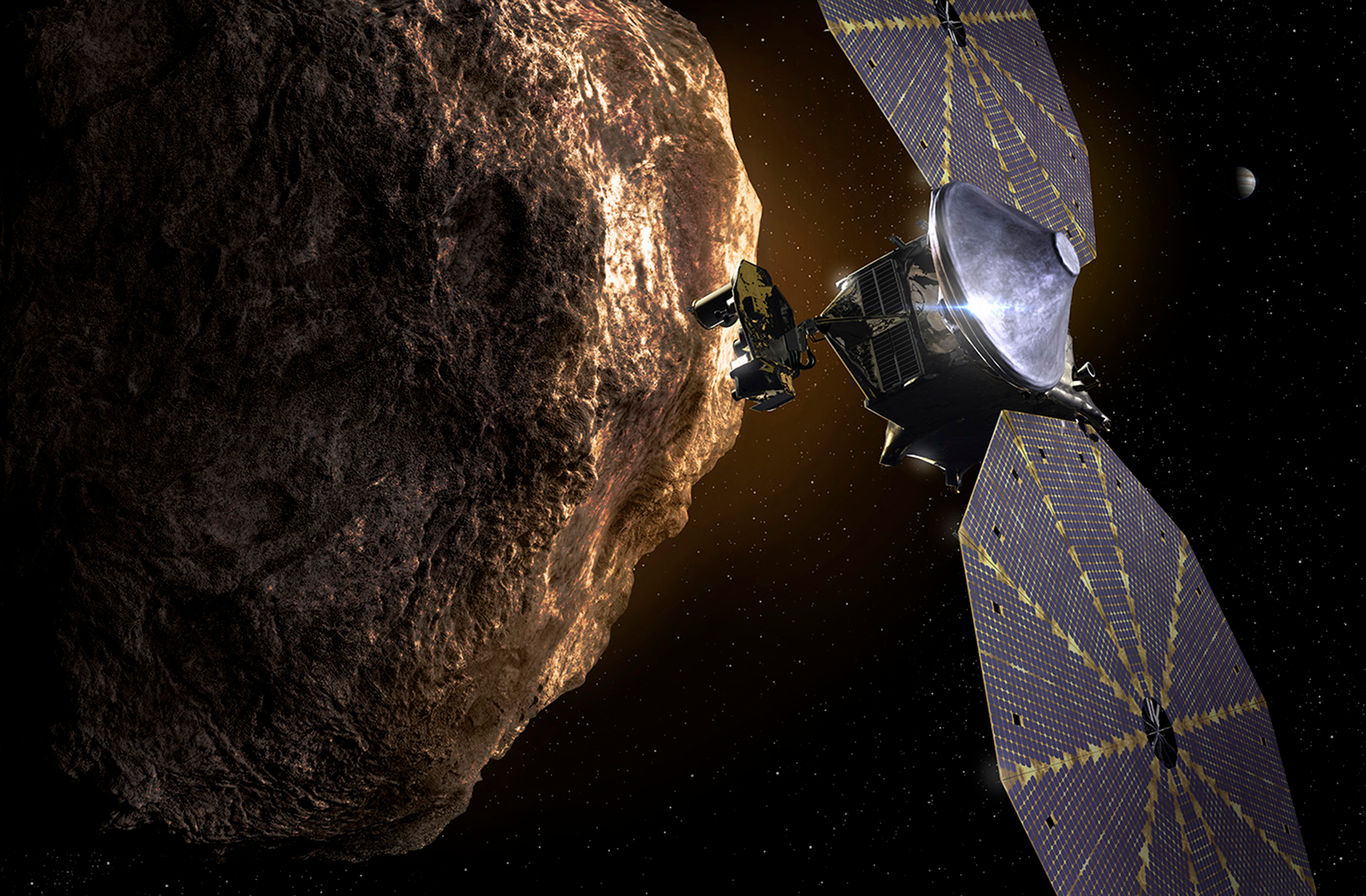 Image depicting the Lucy spacecraft approaching an asteroid.